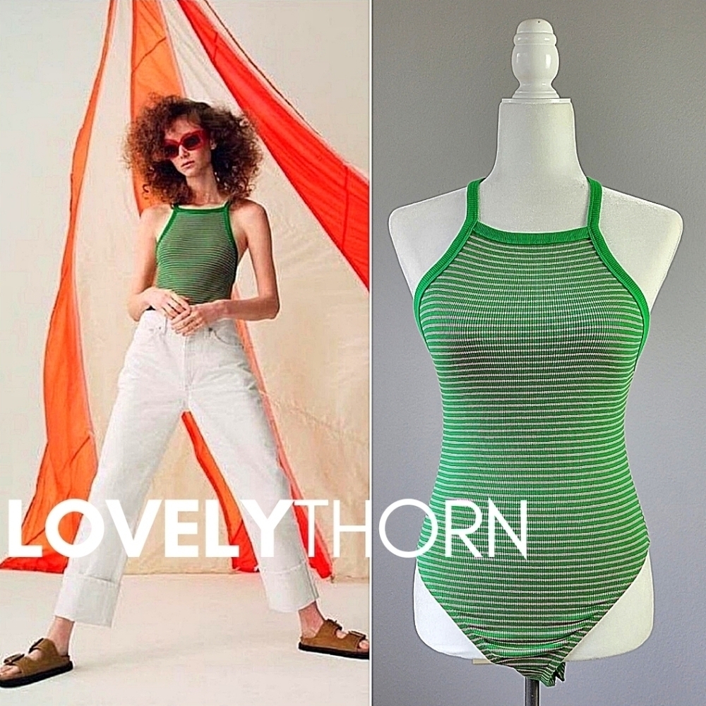 ZARA // green pink stripe stretch ribbed high neck cross open back bodysuit